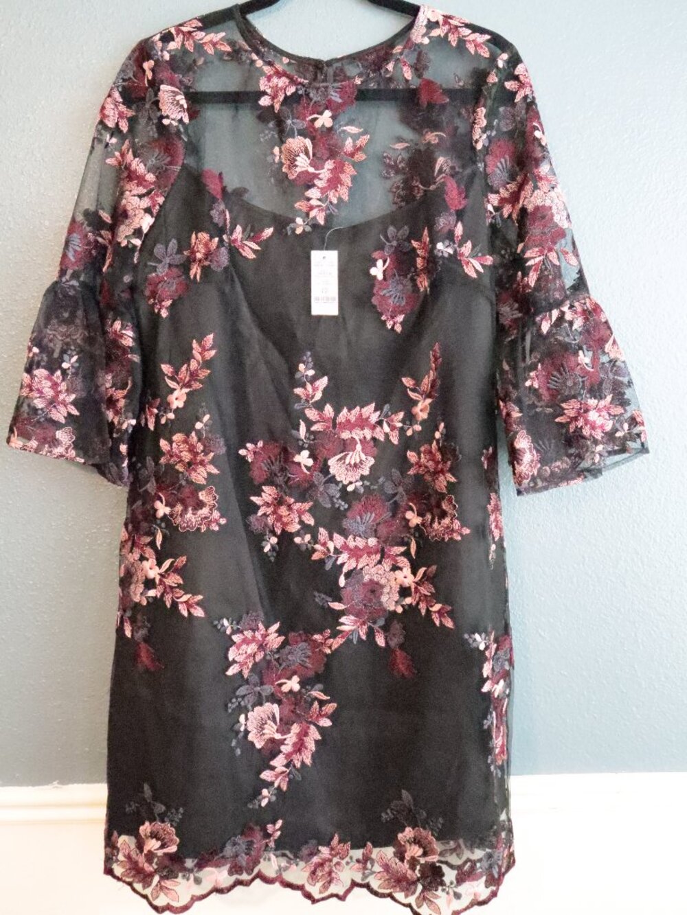 WHBM Mesh/Embroidered Floral Bell Sleeve Dress